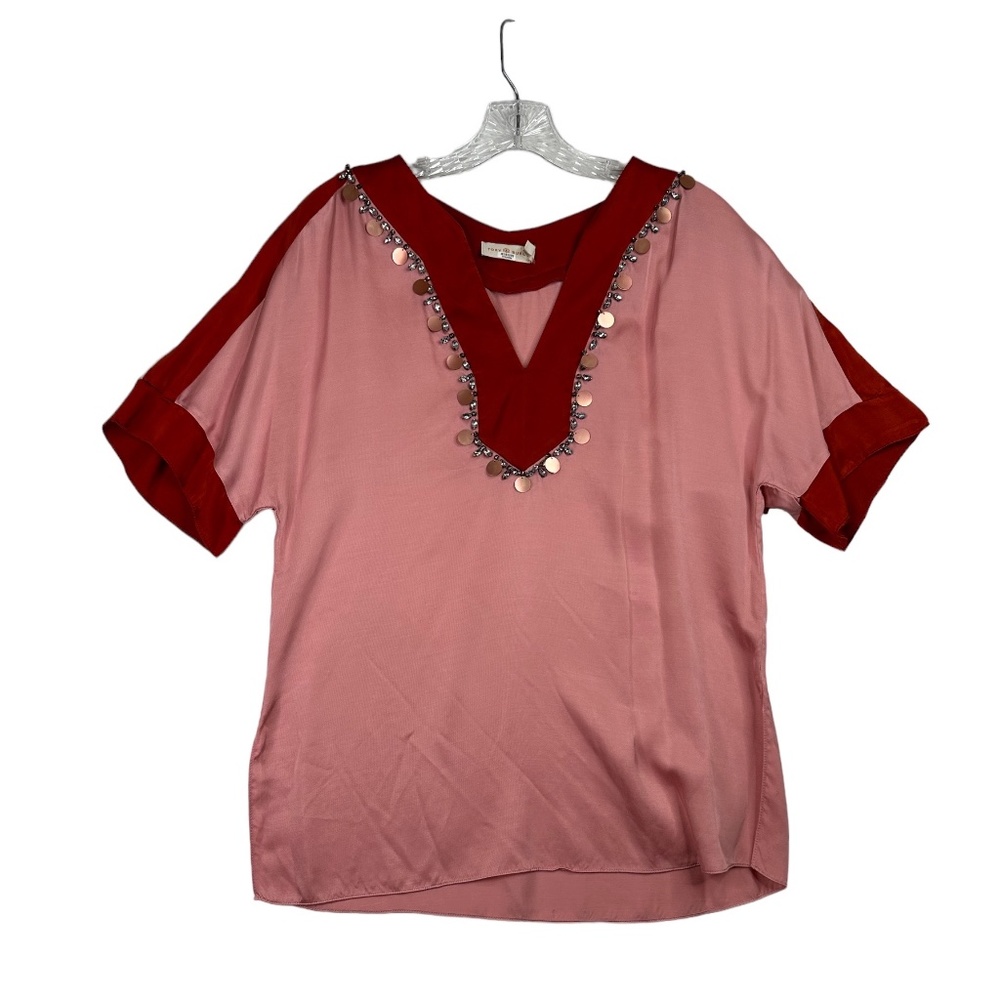 Tory Burch Pink Red Rhinestone Sequin Blouse Size 2‎